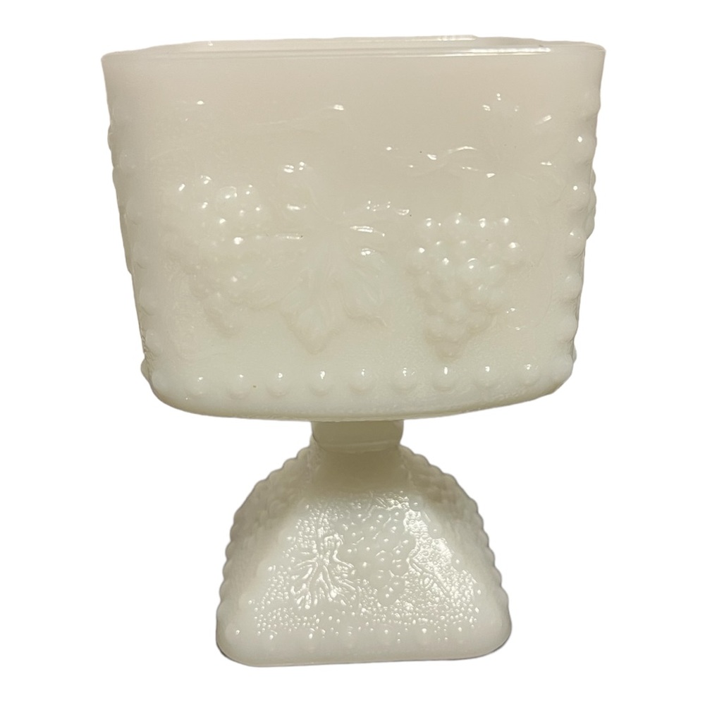 Vintage 50s Milk Glass Pedestal Dish Harvesr Graoe Pattern